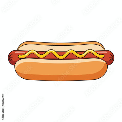 An illustrated hotdog with mustard, sausage in a bun, on a white background