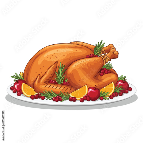 A roasted bird adorned with fruit and herbs on a white platter