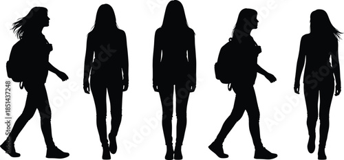 Female students or tourists walking with backpacks set, young women going to university or hiking travel silhouettes, profile and front view poses, vector illustration collection