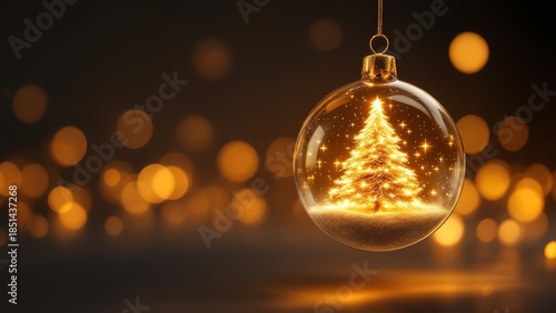 Elegant glass Christmas ornament featuring a glowing golden tree against warm bokeh lights. Festive holiday background with copy space, perfect for seasonal designs and branding