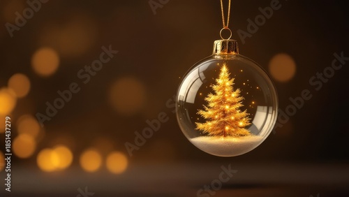 Elegant glass Christmas ornament featuring a glowing golden tree against warm bokeh lights. Festive holiday background with copy space, perfect for seasonal designs and branding
