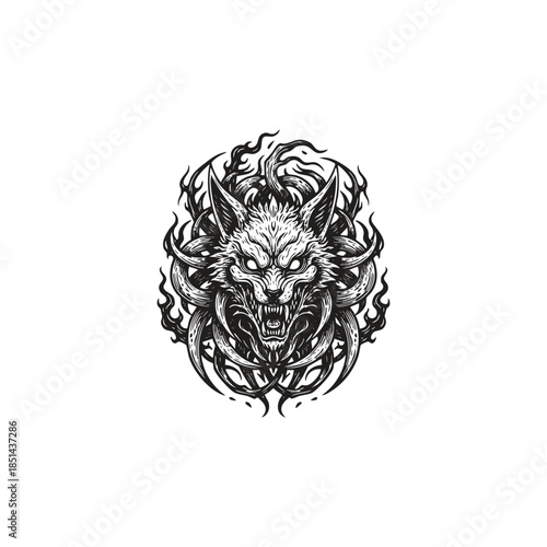 Ferocious hand drawn illustration of a Kitsune spirit with multiple tails and sharp fangs in Japanese horror style