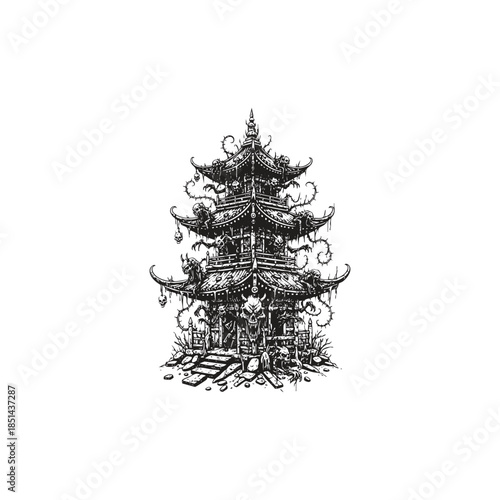 Dark horror illustration of a haunted Japanese pagoda featuring skulls, demonic creatures, and thorny vines in a gothic hand-drawn style, isolated on a white background