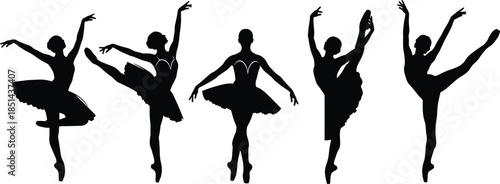 Five Ballerina Dancers Silhouettes, Ballet, Female, Woman, Graceful, Elegant, Tutu, Pointe Shoes, Dance, Performance, Pose, Art, Classic, Vector, Illustration, Black, White Background