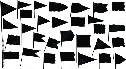 Flag silhouette set vector illustration, various shapes including pennants, banners, and waving rectangles, black symbol collection of flags on poles for design.