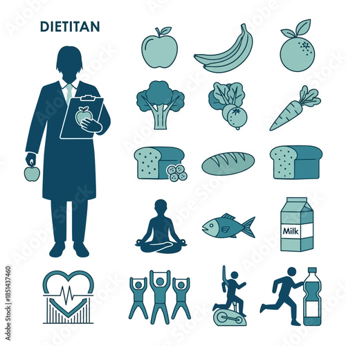 Dietitian and healthy lifestyle icons including fruits, vegetables, grains, exercise, and wellness symbols.