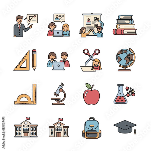 A comprehensive set of colorful flat design icons depicting various elements of education, school, learning, and academic life.