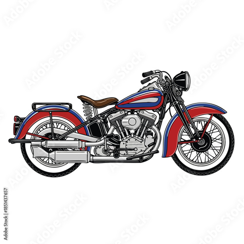A vintage motorcycle illustration, red, blue, and white, isolated on white