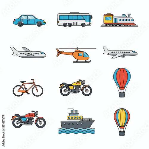 Colorful, simple illustrations of various modes of transportation in a grid layout