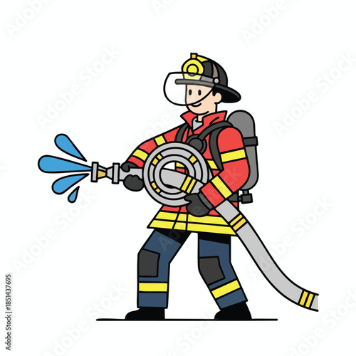 A cartoon firefighter in gear holding a hose with water spraying