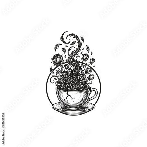 Surreal gothic illustration of blooming roses and swirling smoke growing from a cracked vintage teacup, hand-drawn dark art style isolated on white background