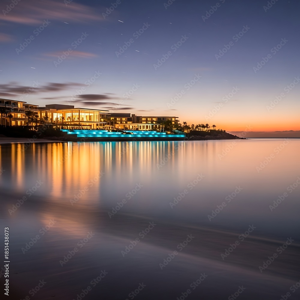Fototapeta premium Coastal Resort at Dusk - Serene Reflections and Illuminated Architecture.