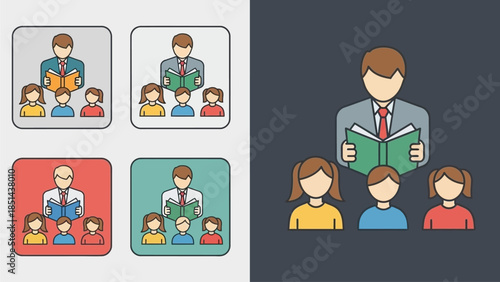 Teacher reading a book to three young students, depicted as a flat design icon set with multiple color variations.