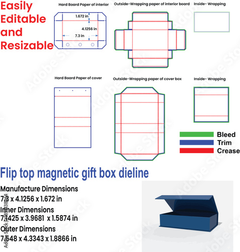 Flip Top Magnetic Gift Box Dieline Template With Dimensions And Color Key packaging die cut