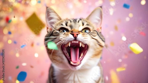 Yawning cat with confetti on pink.