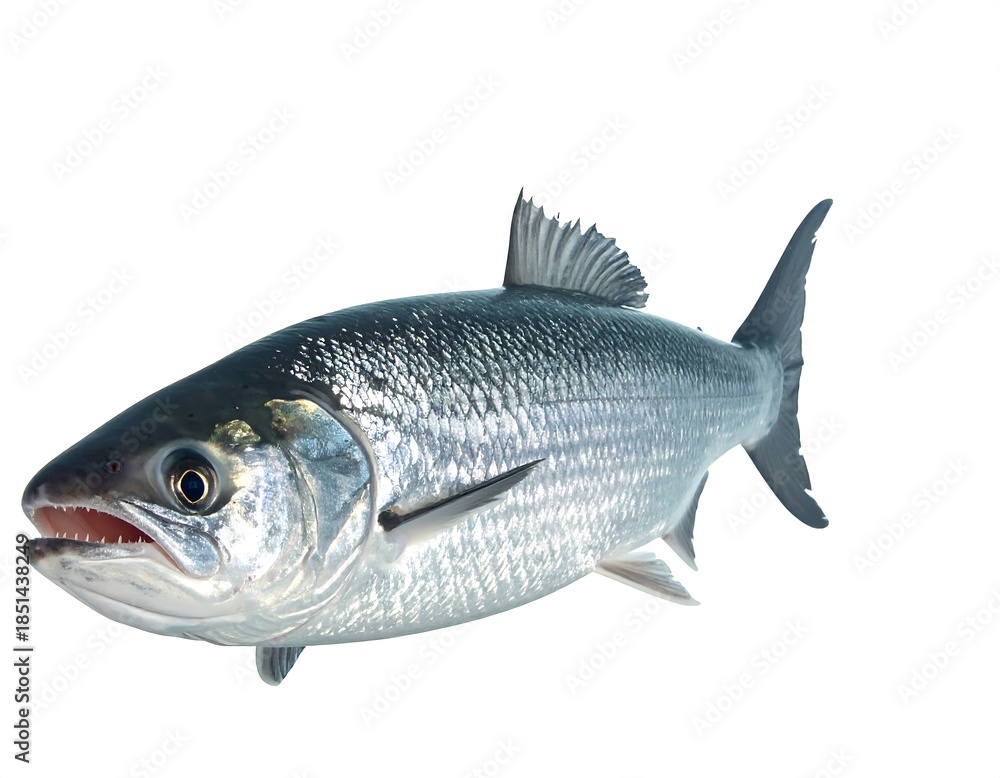 Obraz premium Silvery fish with sharp teeth isolated against a white background