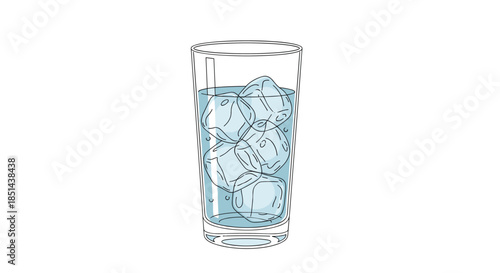 Simple and clean illustration of a tall glass filled with water and ice cubes, rendered in a hand-drawn line art style.