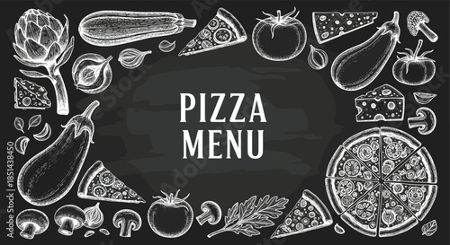 Chalkboard-style pizza menu template featuring hand-drawn ingredients like tomatoes, mushrooms, and cheese framing the central text on a dark background.