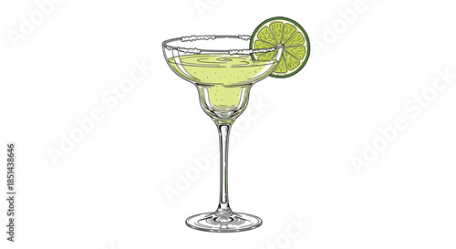 Classic margarita cocktail in a traditional glass with a salted rim and a lime slice garnish, hand-drawn in a vintage sketch style.