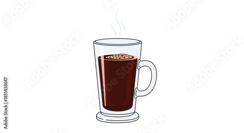 Simple and cozy illustration of a steaming hot coffee in a clear glass mug, depicted in a clean, colorful cartoon or doodle style.