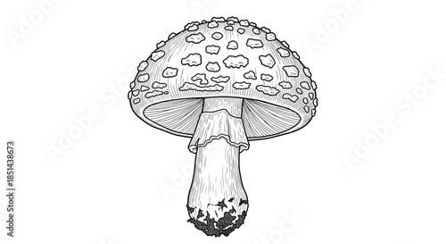 Detailed black and white illustration of an Amanita muscaria mushroom, also known as fly agaric, in a vintage-style engraving.