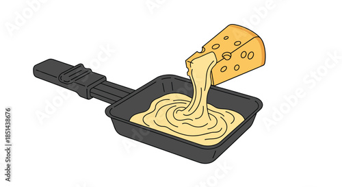 Cozy illustration of melted cheese from a wedge being poured into a raclette pan, depicted in a simple, colorful cartoon style.