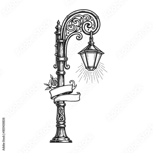 Vintage Ornate Street Lamp with Floral and Ribbon Accents.
