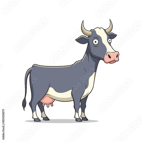 Cartoon cow with big eyes and horns standing on a white background.