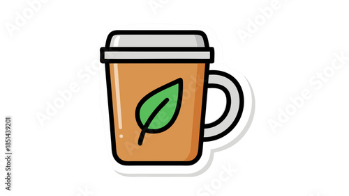 Organic Tea Cup Icon with Green Leaf Sticker Design