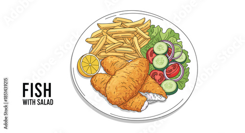 Classic meal of fish and chips served on a plate with a fresh side salad and a lemon wedge, illustrated in a hand-drawn style.