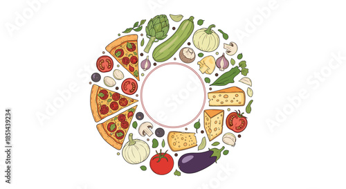 Circular frame design with hand-drawn pizza slices and fresh ingredients like tomatoes, mushrooms, and cheese, with a blank center for text.