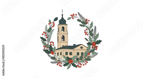 A charming illustration of a classic church building nestled inside a festive Christmas wreath made of holly, berries, and fir branches.