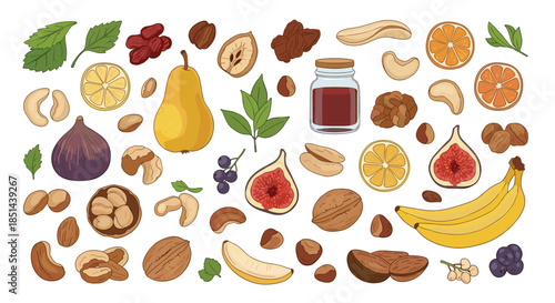 A large and colorful collection of various nuts, dried fruits, and fresh fruits, including figs, dates, cashews, and bananas.