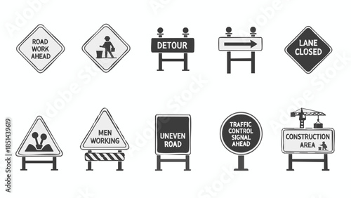 Road construction signs and barriers set.