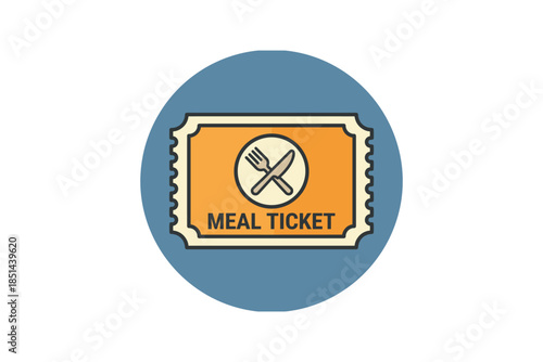 A Meal ticket vector icon with fork and knife. Isolated on a blue color circle background.