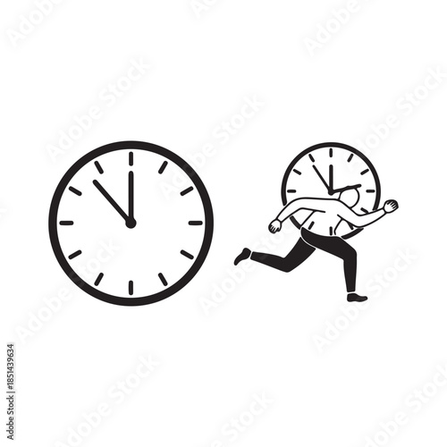 Race Against Time Clock Head Running Man Silhouette Illustration Black and White