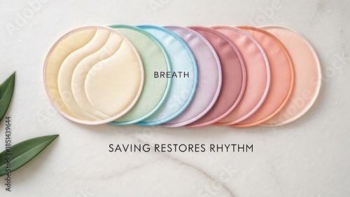 Soft pastel aesthetic plates on marble surface with motivational text, stylish home decor, minimalistic design elements