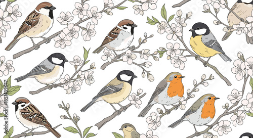 A charming seamless pattern featuring various garden birds like sparrows, robins, and titmice perched on blossoming spring branches.