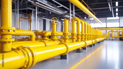 Yellow gas pipes inside industrial building.