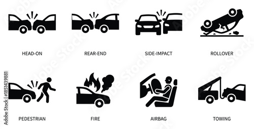 A set of car accident types, head-on, rollover, side-impact, pedestrian, fire, airbag, rear-end, towing