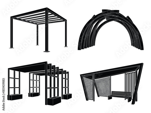 A set of four pergola gazebo structures in black and white vector designs templates.