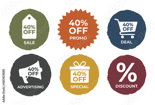 A set of grunge style 40% off discount stamps with sale, promo, deal, and advertising messages
