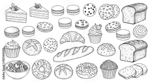 A large collection of various bakery and pastry items, including bread, croissants, and cakes, all hand-drawn in a detailed engraving style.