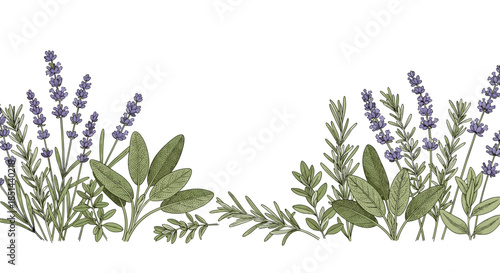 Seamless horizontal border of hand-drawn lavender, sage, rosemary, and thyme in a vintage botanical illustration style.