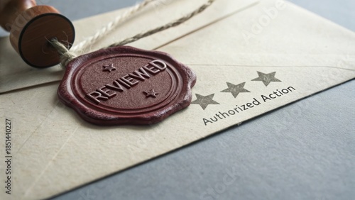 Vintage Envelope with Wax Seal Showing Reviewed Status and Three Stars for Authorized Action in a Professional Setting