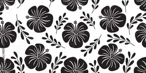 beautiful fabric pattern black hibiscus flowers, leaf motif, hand drawn hibiscus flower on a white background. Summer fabric patterns for Hawaiian shirts. botanical motifs floral hibiscus.black white.