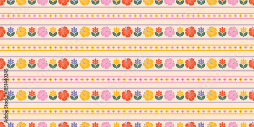beautiful fabric pattern hibiscus flowers, floral and strip motif, colorful hibiscus pattern flower. Summer fabric patterns for Hawaiian shirts. botanical motifs floral hibiscus and strip. Cute design