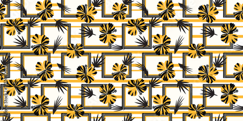 beautiful fabric pattern black and yellow hibiscus flowers, floral and frame motif, hand drawn hibiscus pattern flower. Summer fabric patterns for Hawaiian shirts. botanical motifs floral hibiscus.