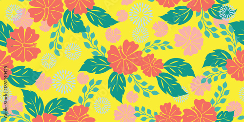 beautiful hibiscus pattern. Botanical palm tree  floral motif, Hibiscus flower design. Summer fabric patterns for Hawaiian shirts. botanical motifs Cute floral hibiscus design. colorful fabric.