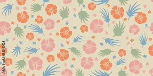 beautiful hibiscus pattern. Botanical palm tree  floral motif, Hibiscus flower design. Summer fabric patterns for Hawaiian shirts. botanical motifs Cute floral hibiscus design. colorful fabric.